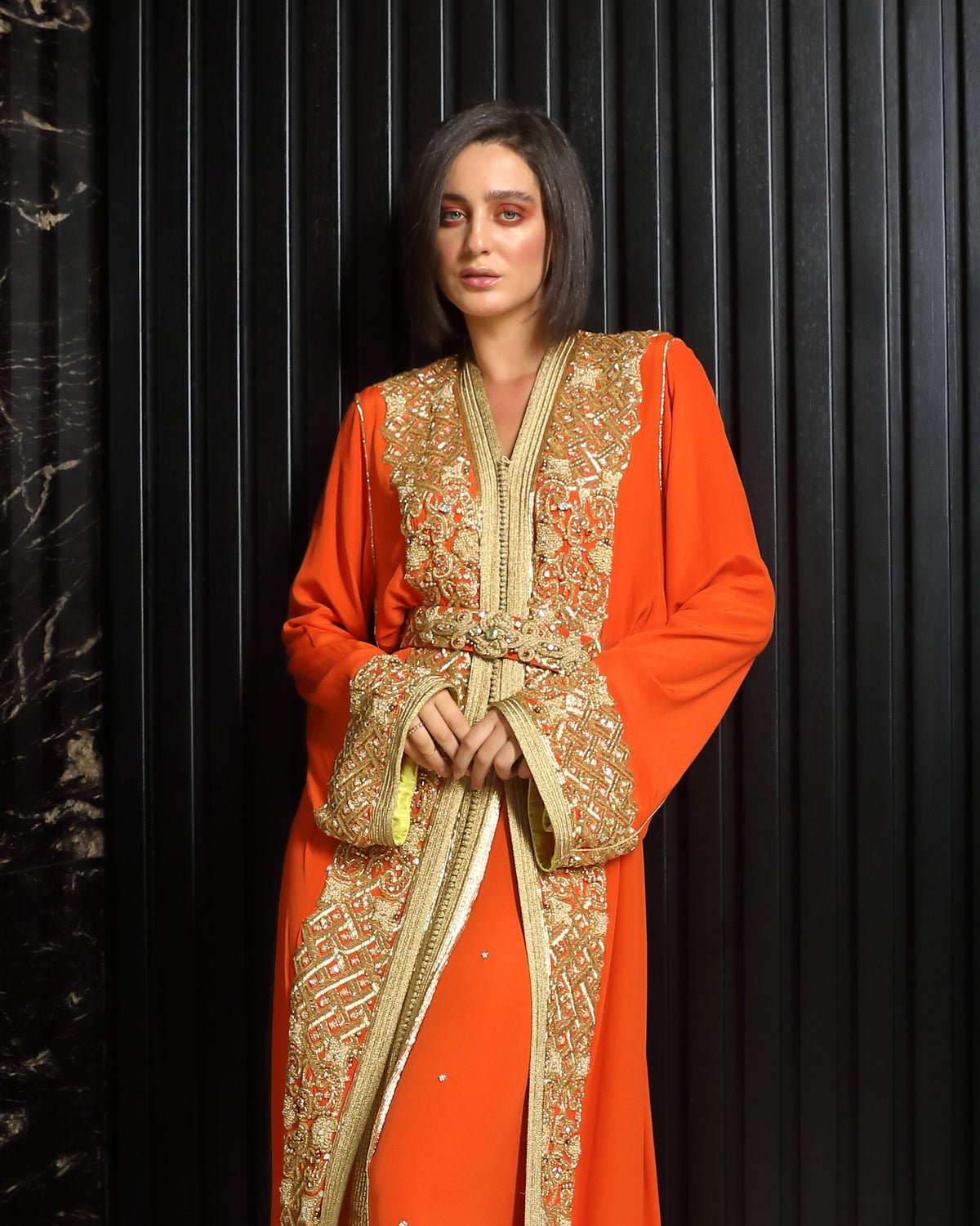 Coral Solstice orange Moroccan kaftan view with crepe drape