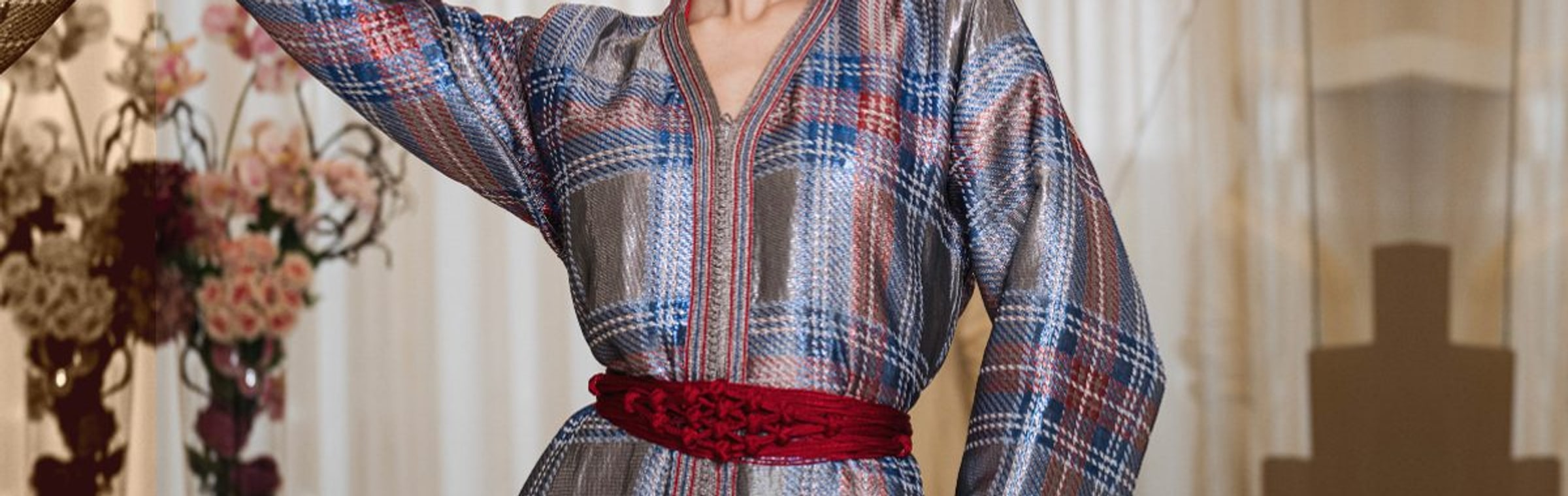 Silver tartan one-piece Moroccan caftan with a hand-worked braid down the placket and a red velvet belt