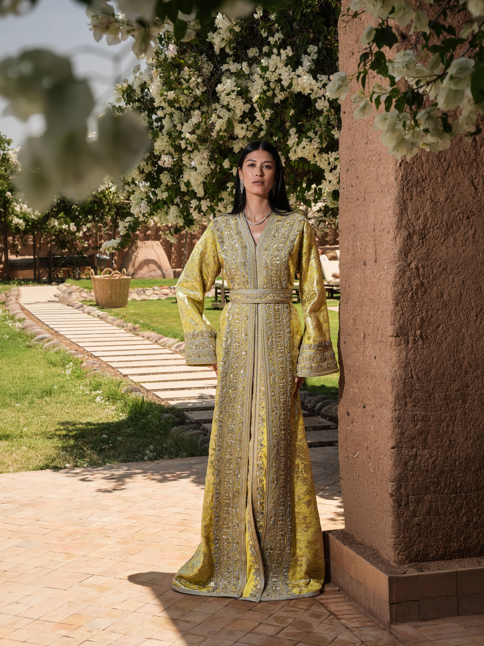 Citron Prelude anise yellow brocade lamé Moroccan kaftan with silver embroidery