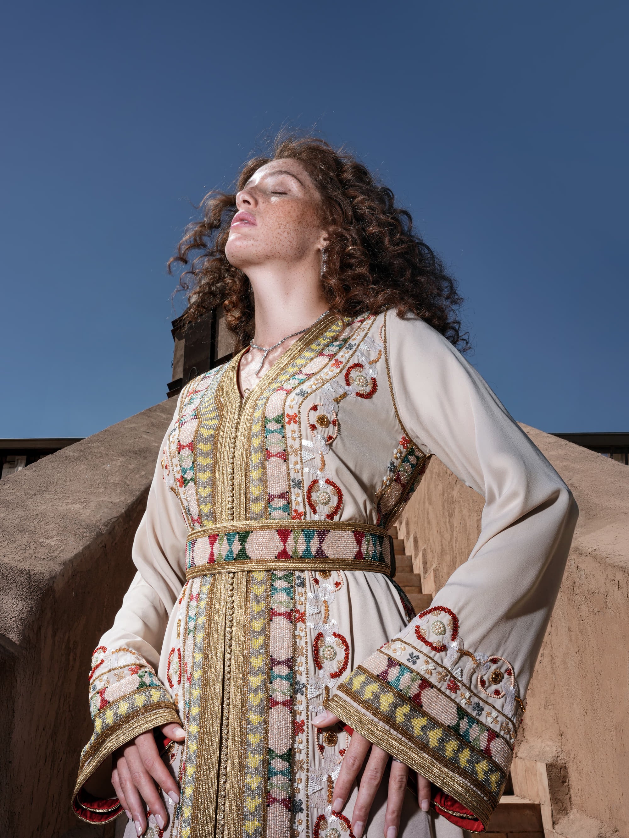 Ecru Tapestry ecru Moroccan kaftan with bands of polychrome beading