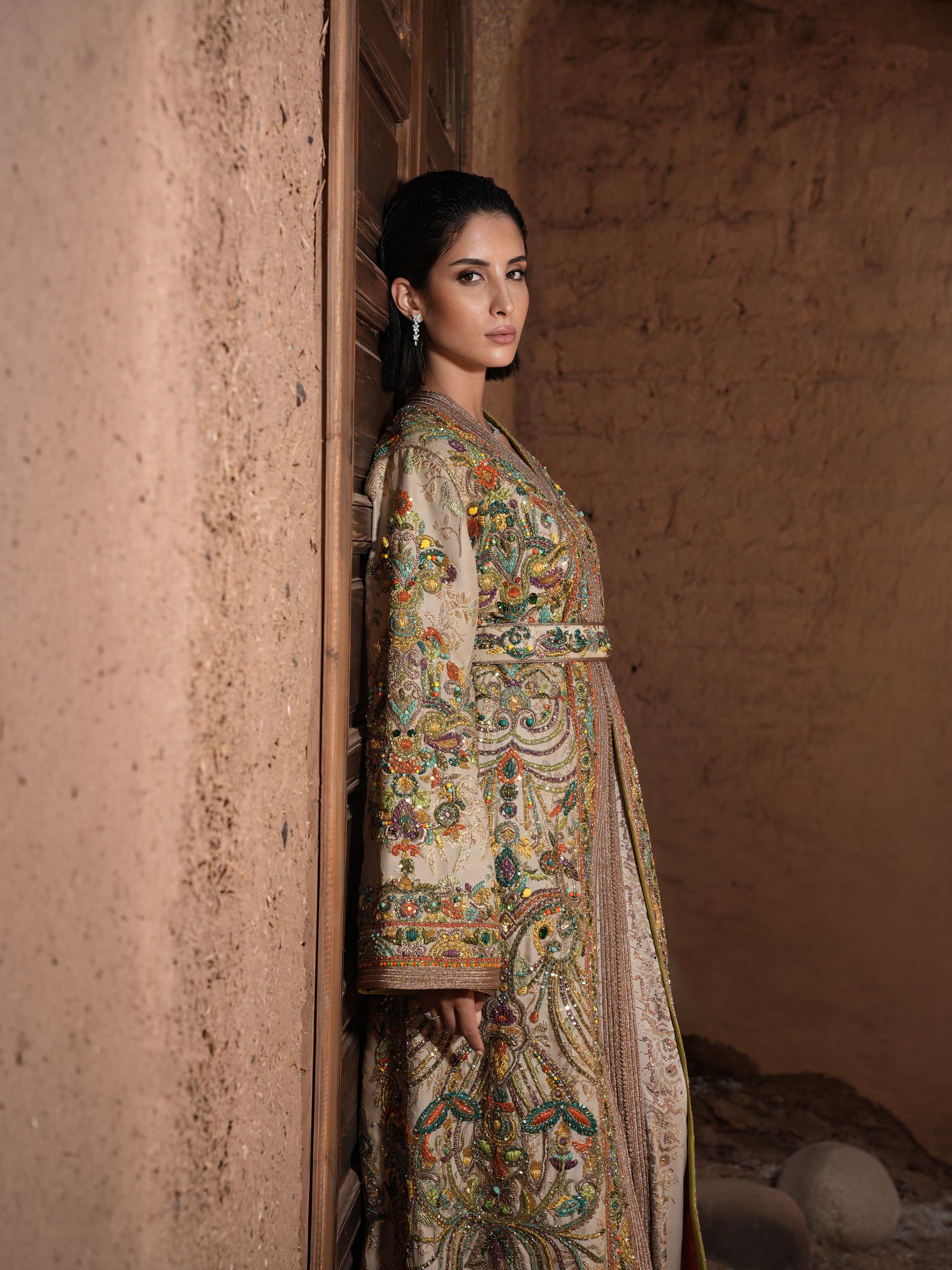 Mosaic Alcove beige silk Moroccan kaftan with polychrome beaded paisley embroidery in a Persian garden motif