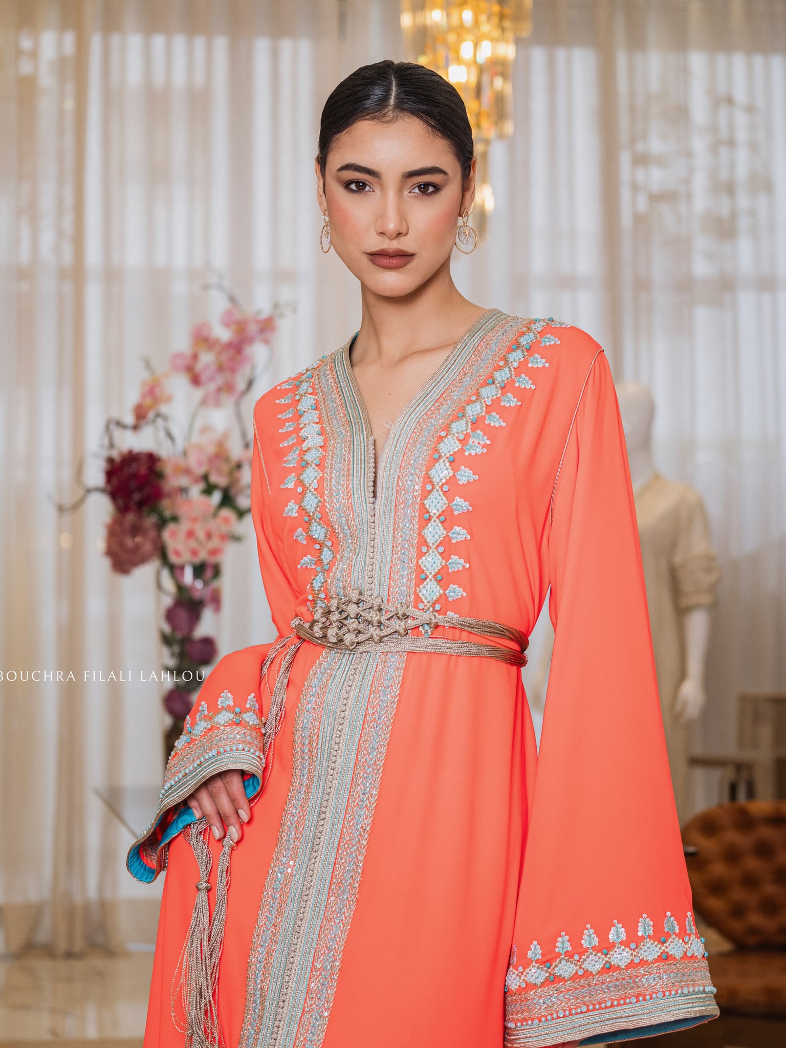 Persimmon Filigree one-piece Moroccan caftan with a silver hand-worked braid, full-length front view