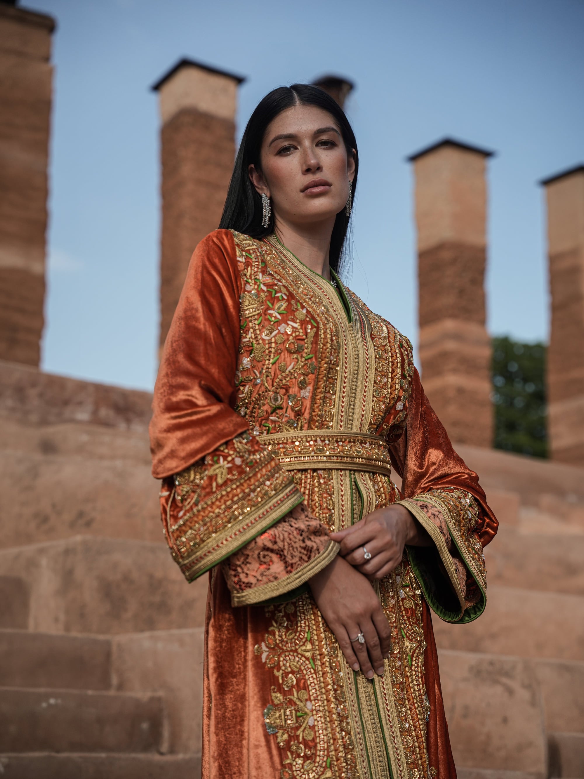 Terracotta Zenith rust velvet Moroccan kaftan with gold and green embroidery