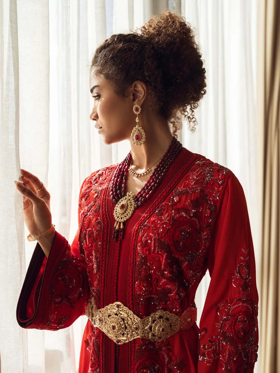 Spend In women fashion feature — red hand-embroidered Moroccan caftan by Bouchra Filali Lahlou